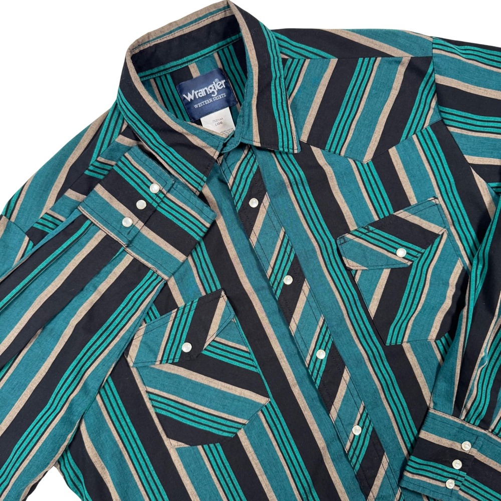 Wrangler South Western Shirt Men L Green Black Stripe Pearl Snap Cowboy Rodeo
